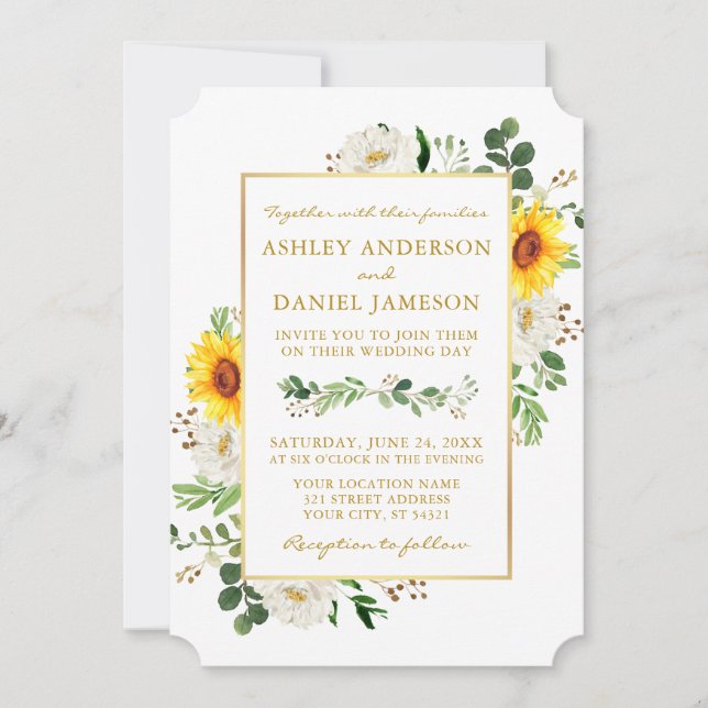Invitación Acuarela girasoles floral blanca Boda dorado (Anverso)