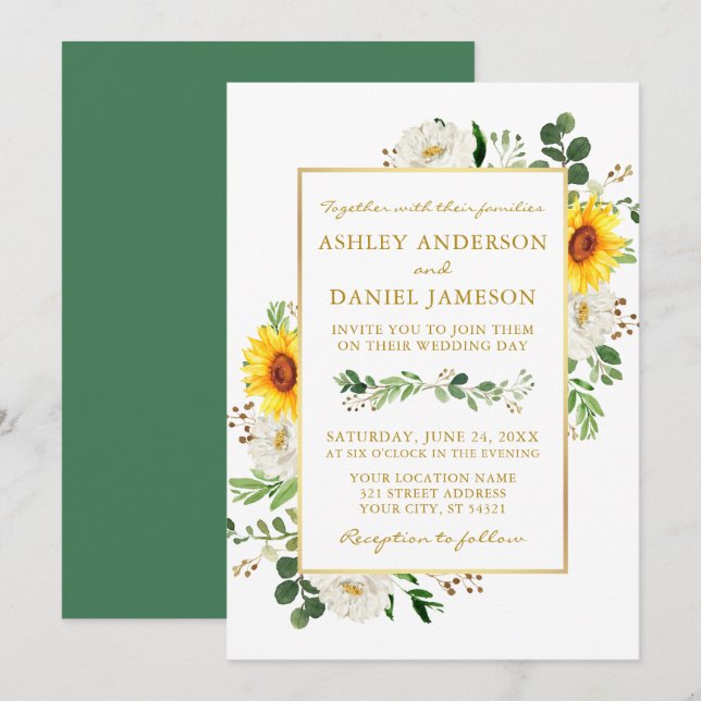 Invitación Acuarela girasoles floral blanca Boda dorado (Anverso / Reverso)