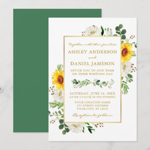 Invitación Acuarela girasoles floral blanca Boda dorado