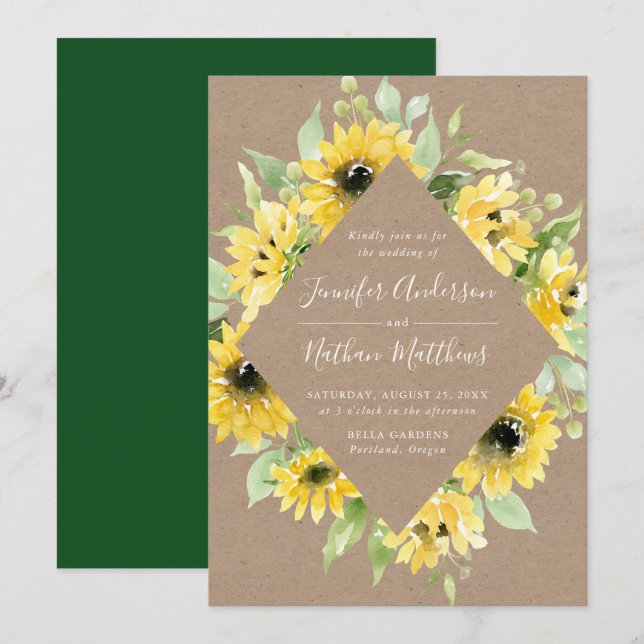 Invitación Acuarela girasoles marco floral Boda ruso (Anverso / Reverso)