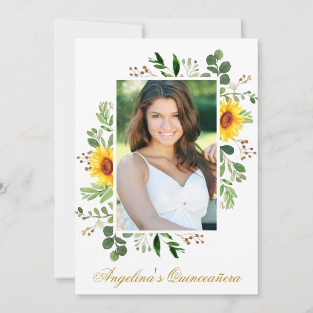 Invitación Acuarela girasoles verde foto Quinceanera (Anverso)