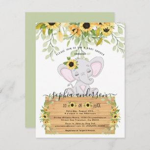 Invitación Acuarela girasoles y Chica elefante Ducha bebé 