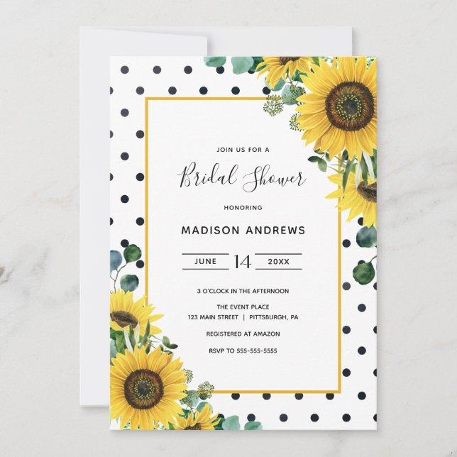 Invitación Acuarela girasoles y puntos de polka Ducha de novi (Anverso)