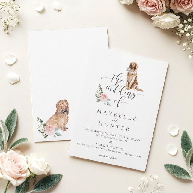 Invitación Acuarela Golden Retriever, Cocker Spaniel Floral (Watercolor Golden Retriever, Cocker Spaniel Floral Invitation)