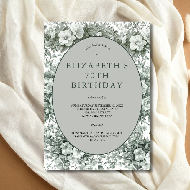 Invitación Acuarela Green White Floral Toile 70 cumpleaños (Elegant Green Toile Floral 70th Birthday party invitation. Printed or Instant digital download)
