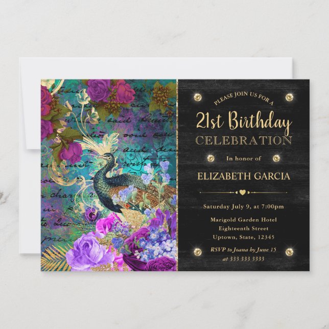 Invitación Acuarela Grunge Pavón y Flores Cumpleaños (Anverso)