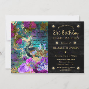 Invitación Acuarela Grunge Peacock y Flores Cumpleaños
