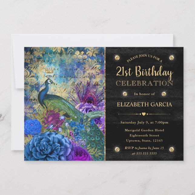 Invitación Acuarela Grunge Peacock y Flores Cumpleaños (Anverso)