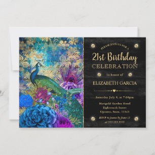 Invitación Acuarela Grunge Peacock y Flores Cumpleaños