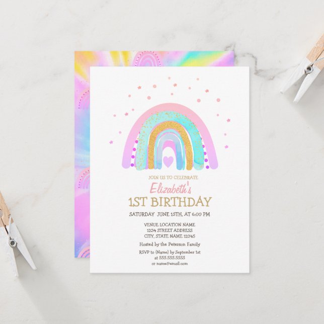 Invitación Acuarela Guay Rainbow Tie Dye Cumpleaños (Anverso/Reverso In Situ)