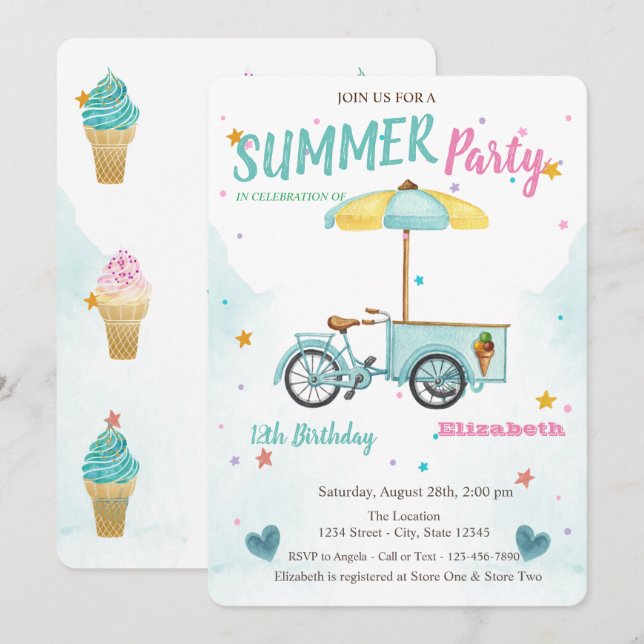 Invitación Acuarela Helado Bicicleta Estrellas Cumpleaños (Anverso / Reverso)