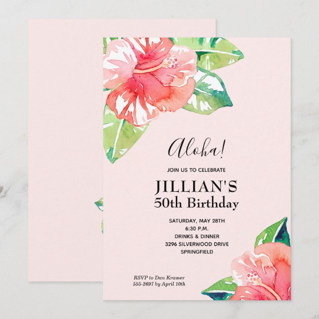 Invitación Acuarela Hibiscus Flowers Cumpleaños (Anverso / Reverso)