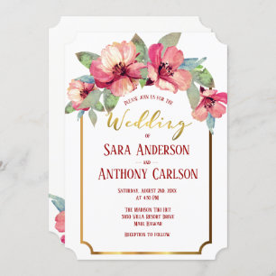 Invitación Acuarela Hibiscus Relieve metalizado dorado Boda t