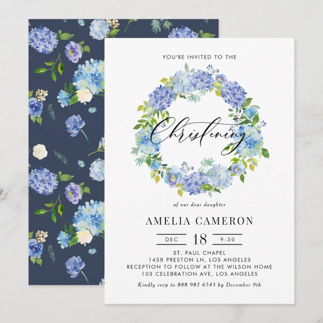 Invitación Acuarela Hidrangea Azul Wreath Christening (Anverso / Reverso)
