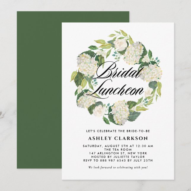 Invitación Acuarela Hidrangea Blanca Wreath Bridal Luncheon (Anverso / Reverso)