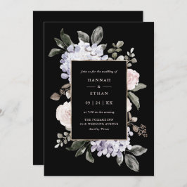Invitación Acuarela Hidrangea Floral sobre negro| Boda