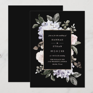 Invitación Acuarela Hidrangea Floral sobre negro  Boda