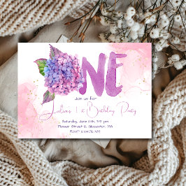 Invitación Acuarela hidrangea primer Cumpleaños