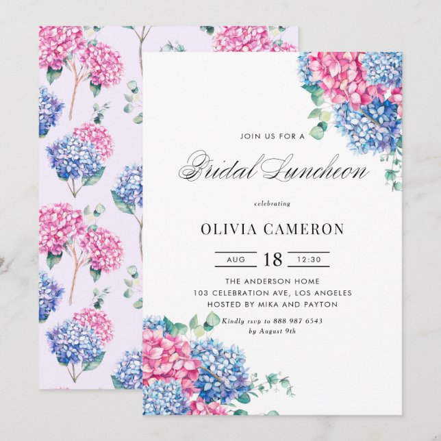 Invitación Acuarela Hidrangeas Rosa y Azul Noche de Novias (Anverso / Reverso)
