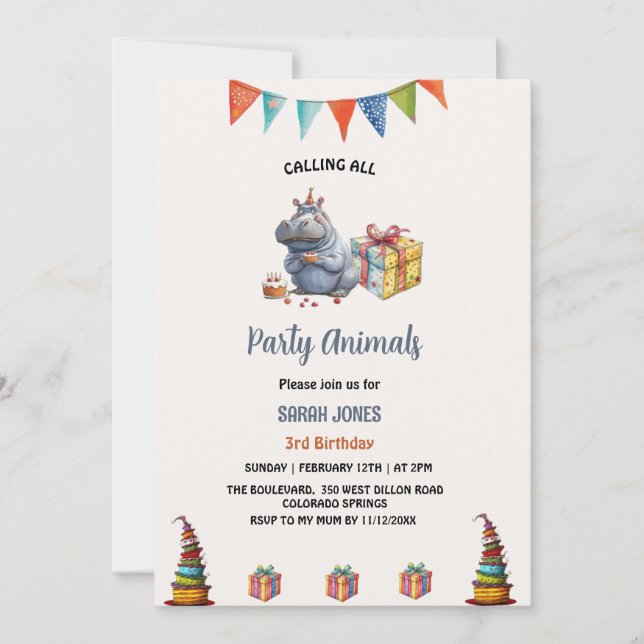 Invitación acuarela hippo cumpleaños de los fiestas (Anverso)
