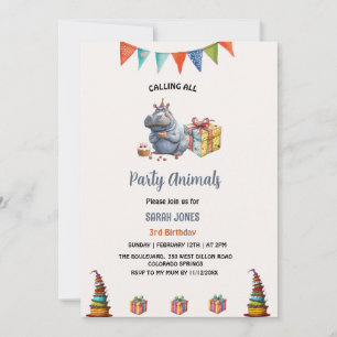 Invitación acuarela hippo cumpleaños de los fiestas