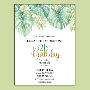 Invitación Acuarela Hojas Tropicales Cumpleaños 21