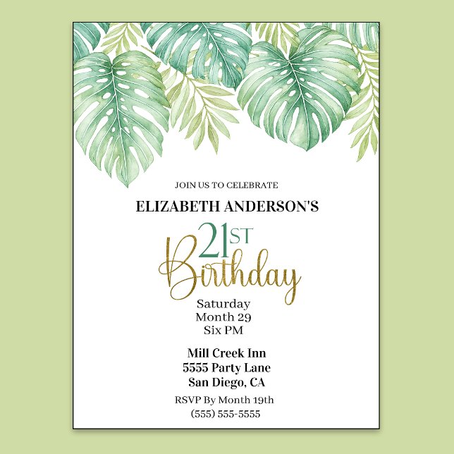 Invitación Acuarela Hojas Tropicales Cumpleaños 21 (Watercolor Tropical Leaves 21st Birthday Invitation For Women.)