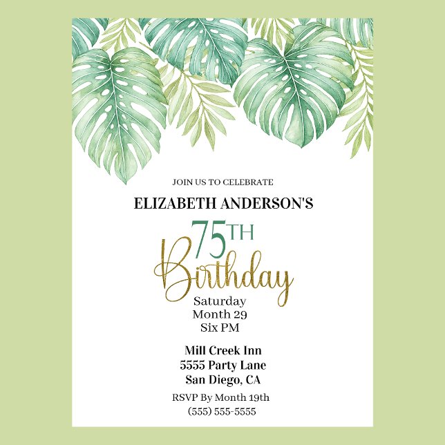 Invitación Acuarela Hojas Tropicales Cumpleaños 75 (Watercolor Tropical Leaves 75th Birthday Invitation For Women.)
