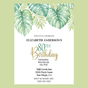 Invitación Acuarela Hojas Tropicales Cumpleaños 80