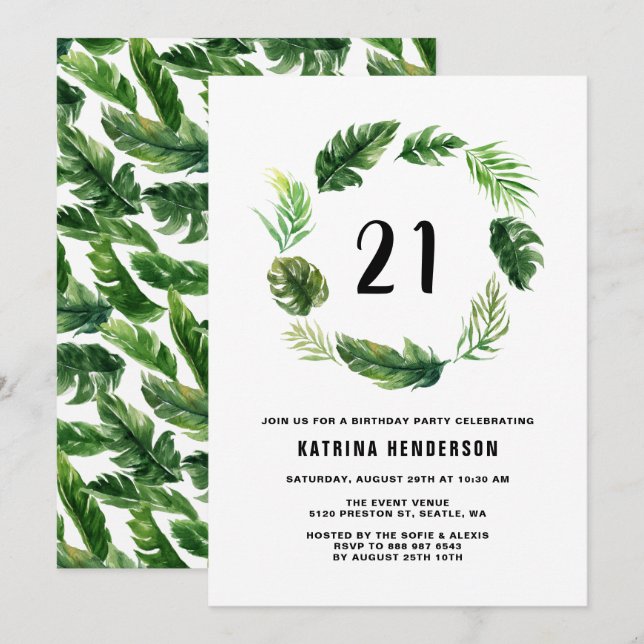 Invitación Acuarela Hojas Tropicales Wreath Verano Cumpleaños (Anverso / Reverso)