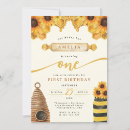 Invitación Acuarela Honey Bee Sunflower Primer cumpleaños