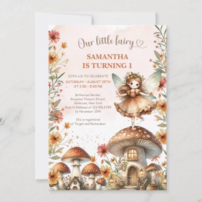 Invitación Acuarela Hongo hada de flores silvestres 1er Cumpl (Anverso)