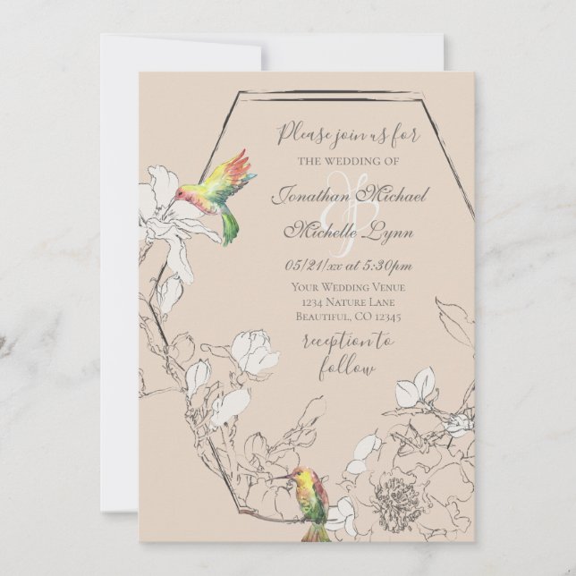 Invitación Acuarela Hummingbird Boda Geométrico Floral (Anverso)