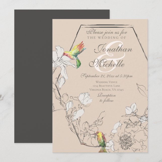 Invitación Acuarela Hummingbird Boda Geométrico Floral (Anverso / Reverso)