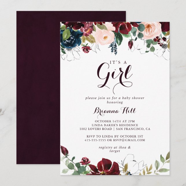 Invitación Acuarela ilustrada es un Baby Shower Chica (Anverso / Reverso)