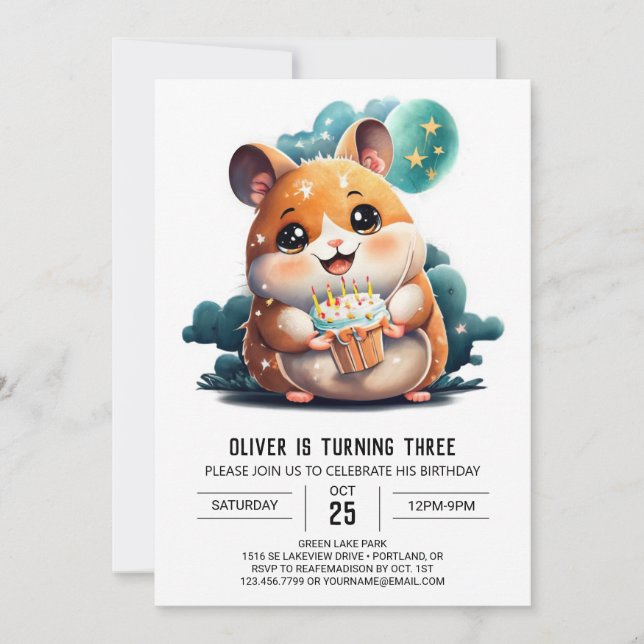 Invitación Acuarela Imprimible Hamster Cumpleaños (Anverso)