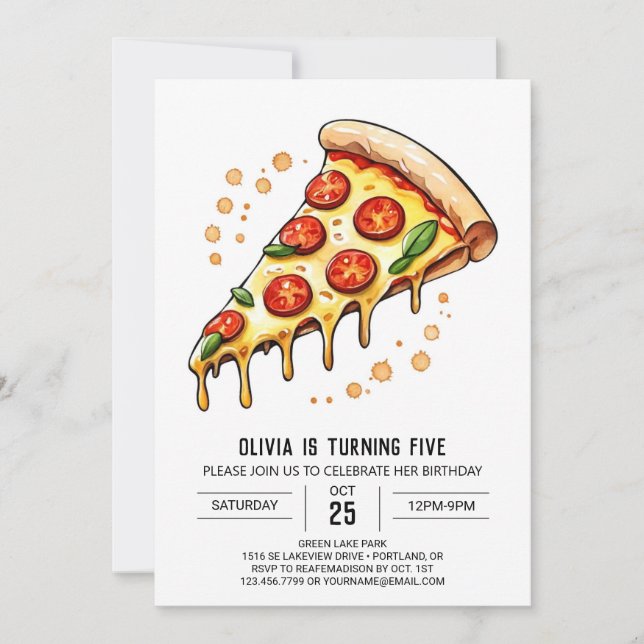 Invitación Acuarela Imprimible Pizza Cumpleaños (Anverso)