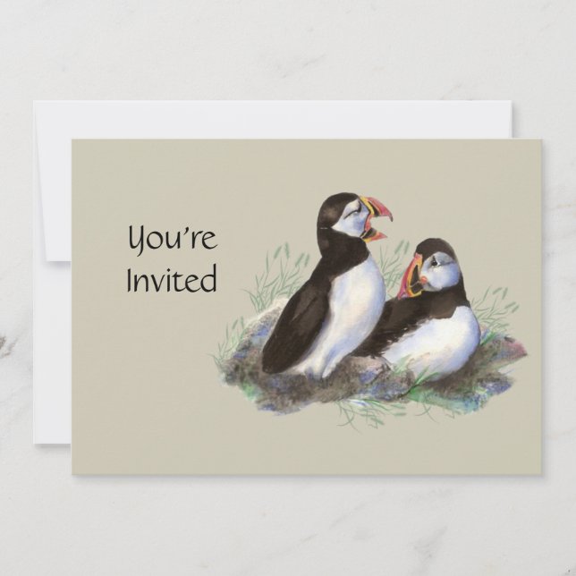 Invitación Acuarela Invite a Ave Cute Puffin (Anverso)