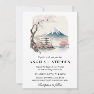 Invitación Acuarela Japonesa Boda Escénica de Fuji y Pagoda