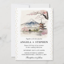 Acuarela Japonesa Boda Escénica Fuji y Pagoda