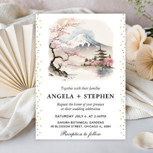 Invitación Acuarela japonesa de boda escénica de Fuji y pagod