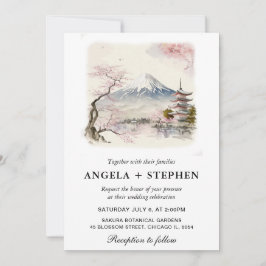 Invitación Acuarela Japonesa Escena de Boda de Fuji y Pagoda
