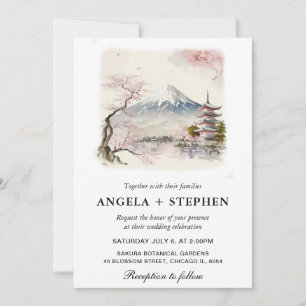 Invitación Acuarela Japonesa Escena de Boda de Fuji y Pagoda