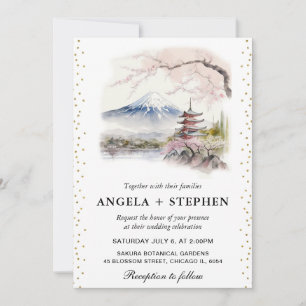 Invitación Acuarela Japonesa Fuji y Pagoda Escena de Boda