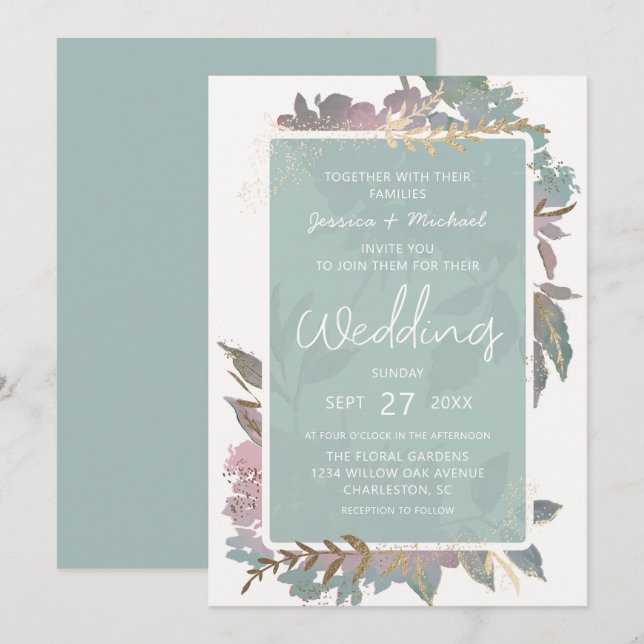 Invitación Acuarela Jardín malva y Boda floral Moda de menta (Anverso / Reverso)