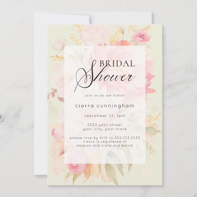 Invitación Acuarela Jardín Pink Peony Floral Brillante (Anverso)