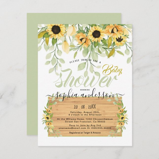 Invitación Acuarela Jardín Sunflowers & Wood Baby Ducha (Anverso / Reverso)