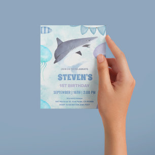 Invitación acuarela Jellyfish y tiburón 1er cumpleaños