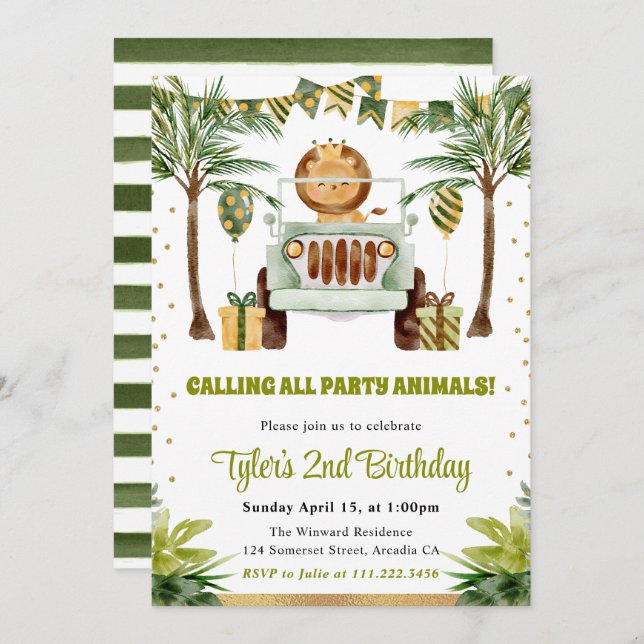 Invitación Acuarela Jungle Leon Kids Cumpleaños (Anverso / Reverso)