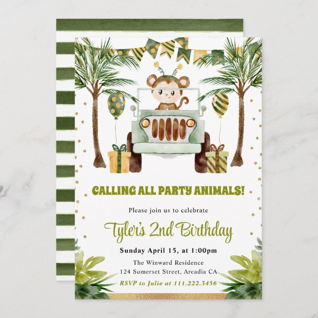 Invitación Acuarela Jungle Monkey Kids Cumpleaños (Anverso / Reverso)